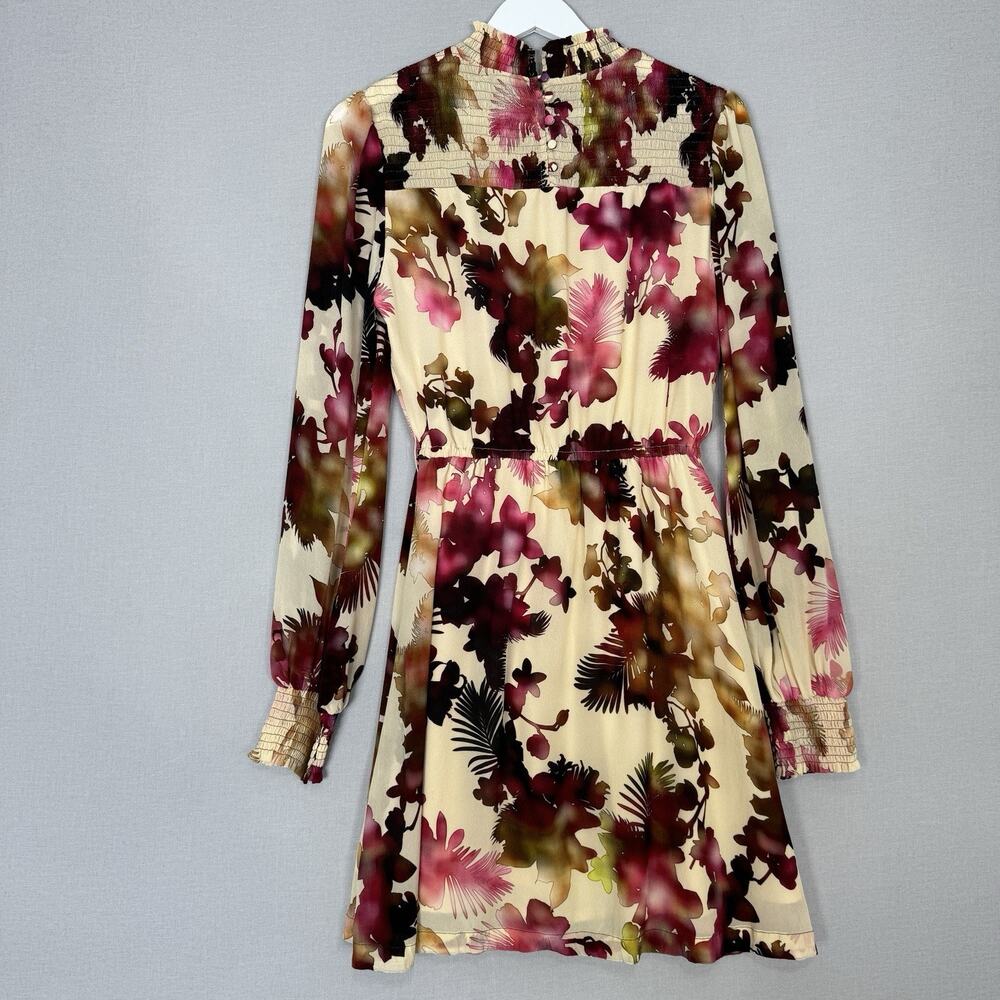 Vineet Bahl Watercolor Hibiscus Mini Dress Womens Small Cream Pink‎ Smocked Boho - Picture 8 of 16